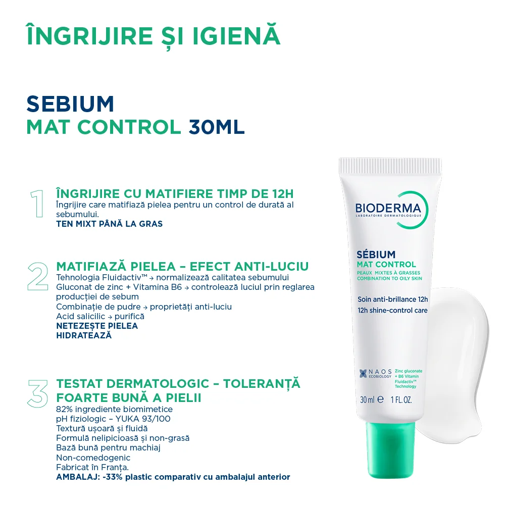 Crema cu efect matifiant Sebium Mat Control, 30ml, Bioderma