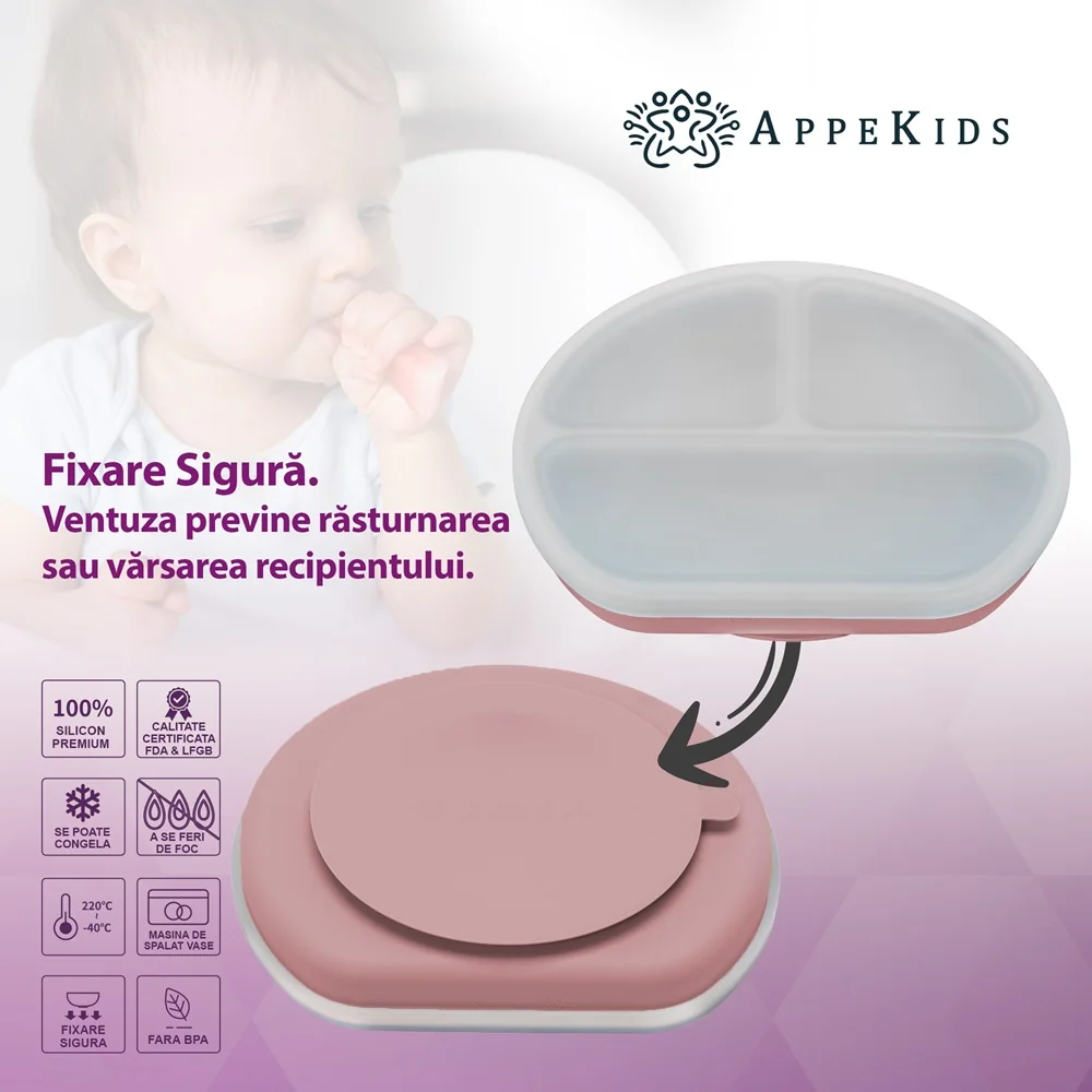 Farfurie compartimentata din silicon cu ventuza si capac Old Rose 6 luni+, 1 bucata, Appekids