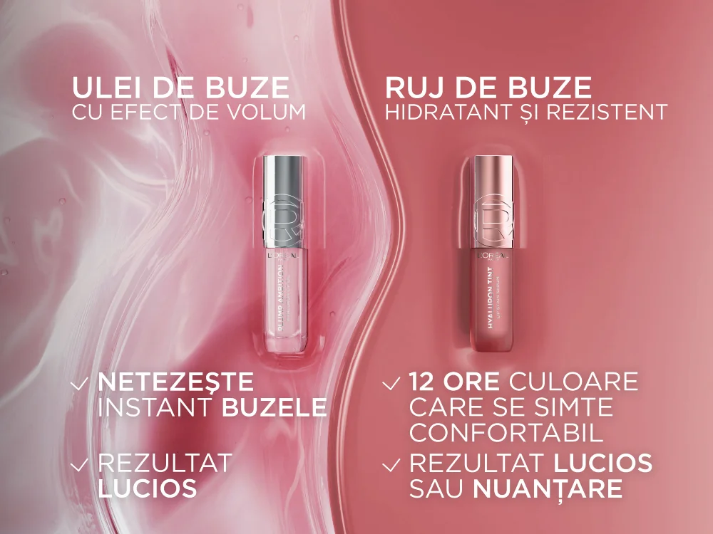 Comparatie intre ulei de buze cu efect de volum si ruj de buze hidratant si rezistent Hyaluron Tint, L’Oreal Paris.