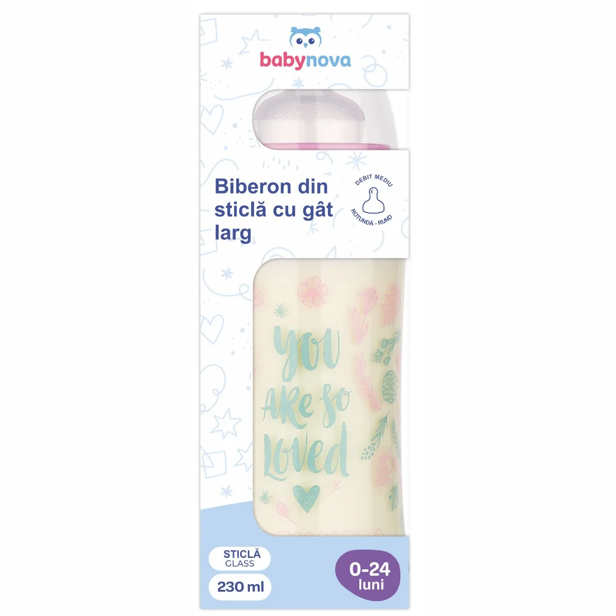 Biberon cu gat larg din sticla 44240, 240ml, Baby Nova