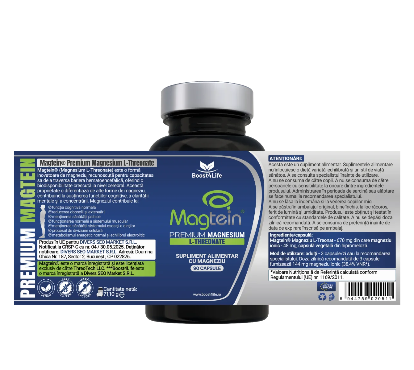 Magtein Magneziu L-Treonat Premium 670 mg, 90 capsule vegane, Boost4Life 