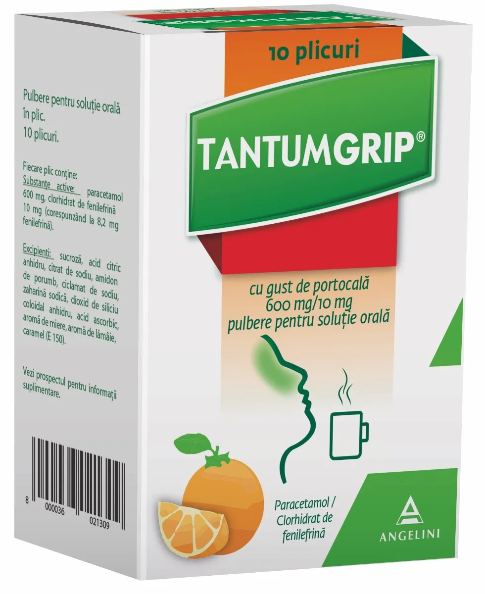 TantumGrip cu gust de portocala 600 mg/10 mg, 10 plicuri, Angelini