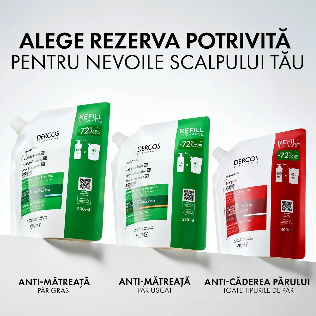 Rezerva Eco Sampon anti-matreata pentru par normal si gras Dercos, 390ml, Vichy