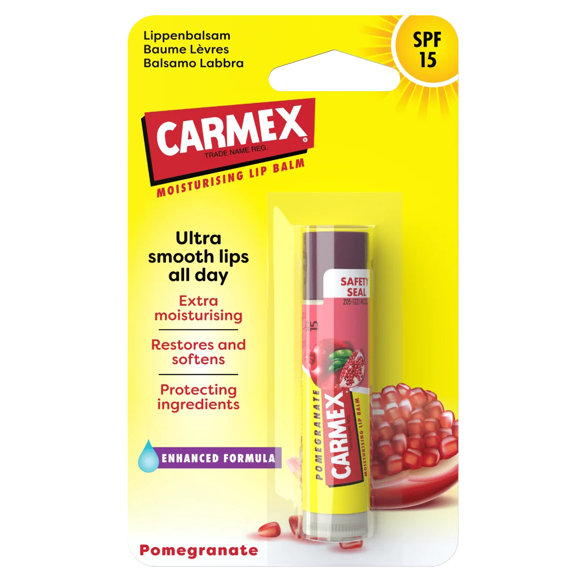 Balsam reparator pentru buze uscate si crapate cu aroma de rodie SPF15, 4.25g, Carmex