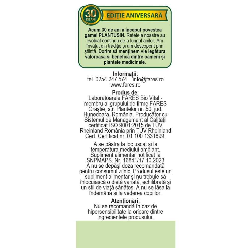 Plantusin Tuse Productiva, 30 capsule, Fares