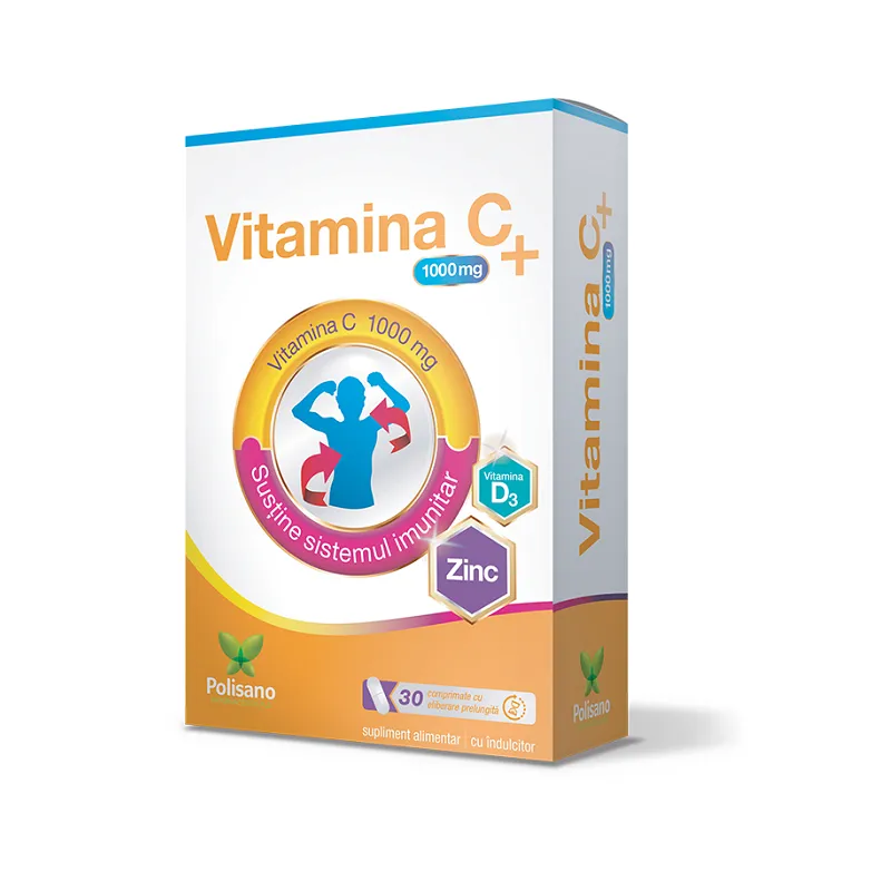 Vitamina C 1000mg + vitamina D3 si zinc, 30 comprimate, Polisano