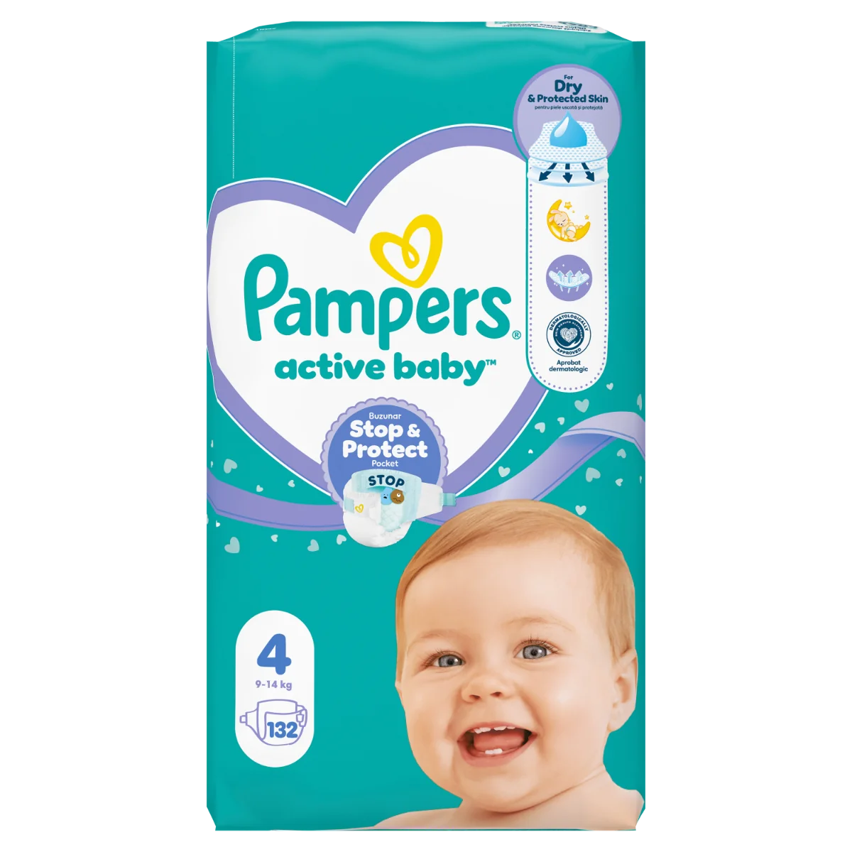 Scutece pentru copii Active Baby Mega Box Marimea 4 9 -14kg, 132 bucati, Pampers