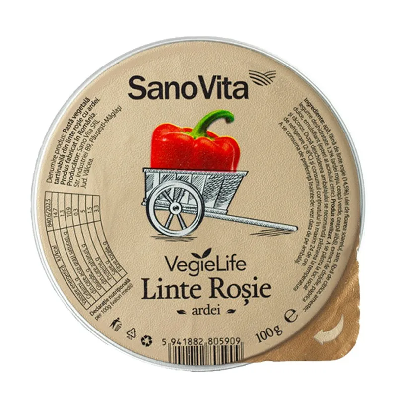 Pasta vegetala tartinabila din linte rosie cu ardei si ceapa VegieLife, 100g, SanoVita