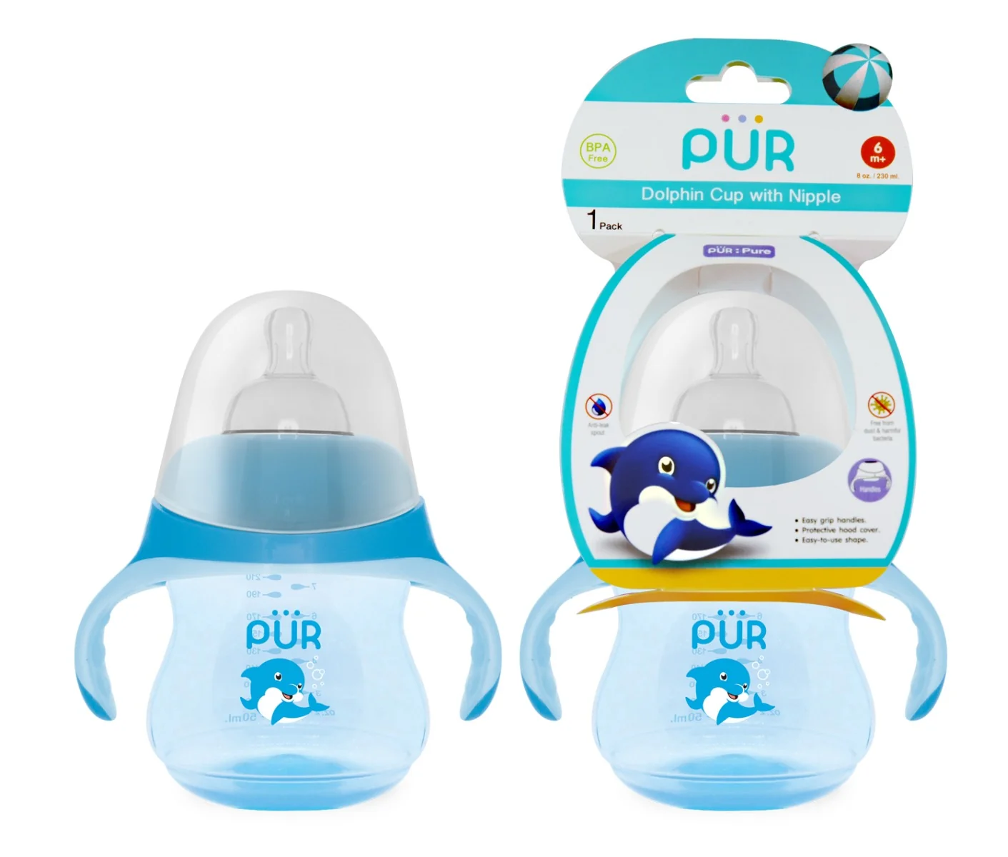 Biberon cu manere tip delfin albastru +6 luni, 230ml, PUR
