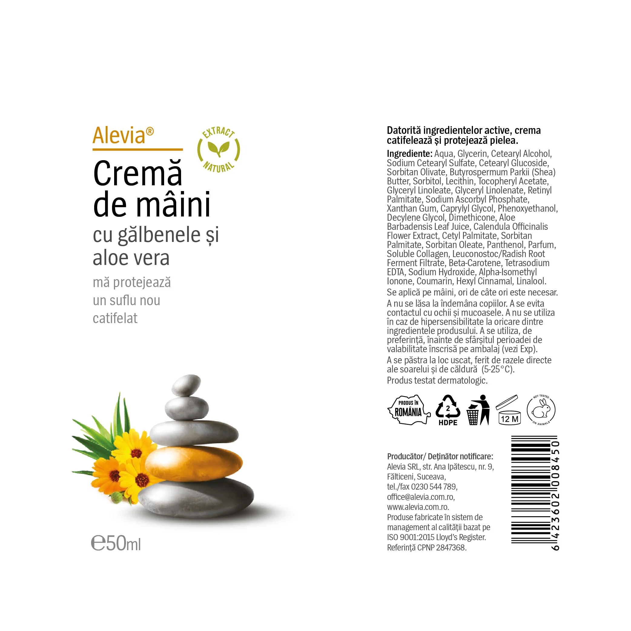 Crema de maini cu galbene si aloe vera, 50ml, Alevia