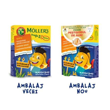 Pestisori gumati cu Omega 3 si aroma de lamai si portocale, 36 jeleuri, Moller's