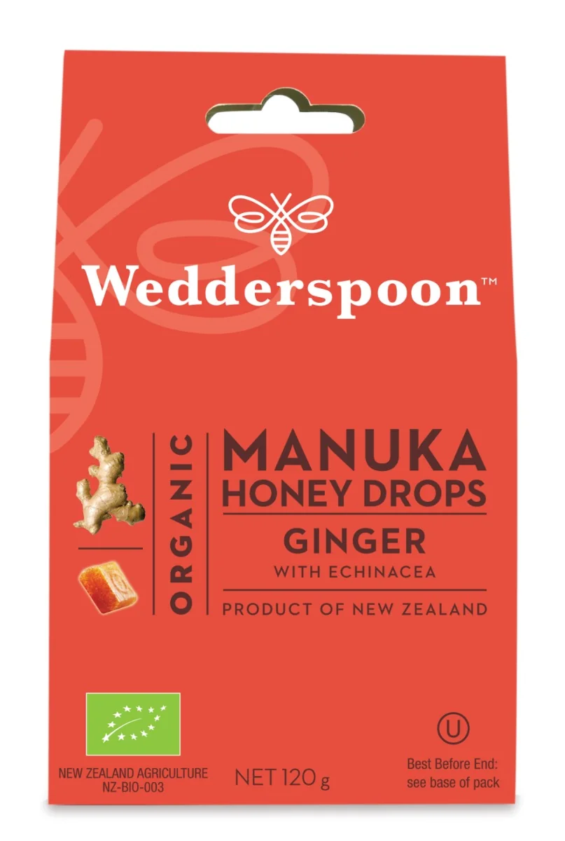 Bomboane ecologice cu miere de manuka, ghimbir si echinacea, 120g, Wedderspoon