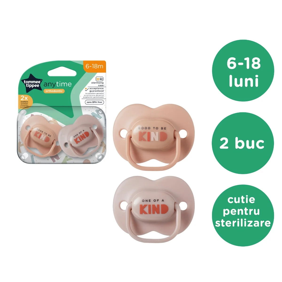 Suzeta ortodontica pentru 6-18 luni Anytime Bej, 2 bucati, Tommee Tippee