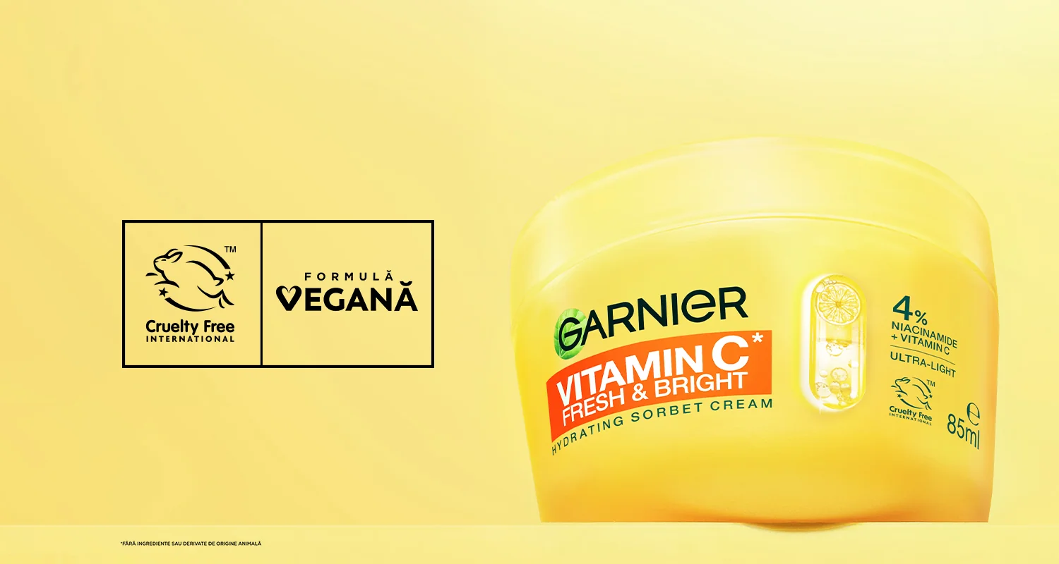 Crema Garnier Vitamin C Fresh & Bright cu formula vegana si certificare cruelty free. Crema Garnier Vitamin C Fresh & Bright cu formula vegana si certificare cruelty free.
