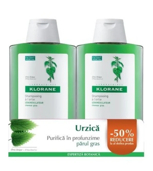 Pachet Sampon cu urzica 1 + 50% reducere la al doilea produs, 2 x 400ml, Klorane