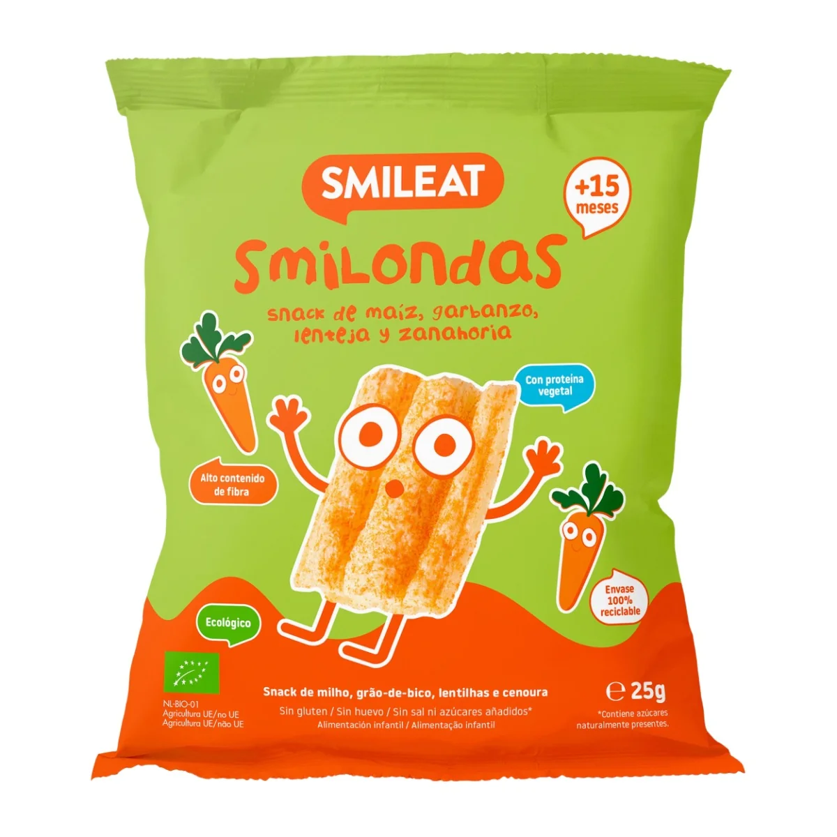 Chipsuri cu porumb naut linte si morcov Smilondas, +15 luni Bio, 25g, Smileat