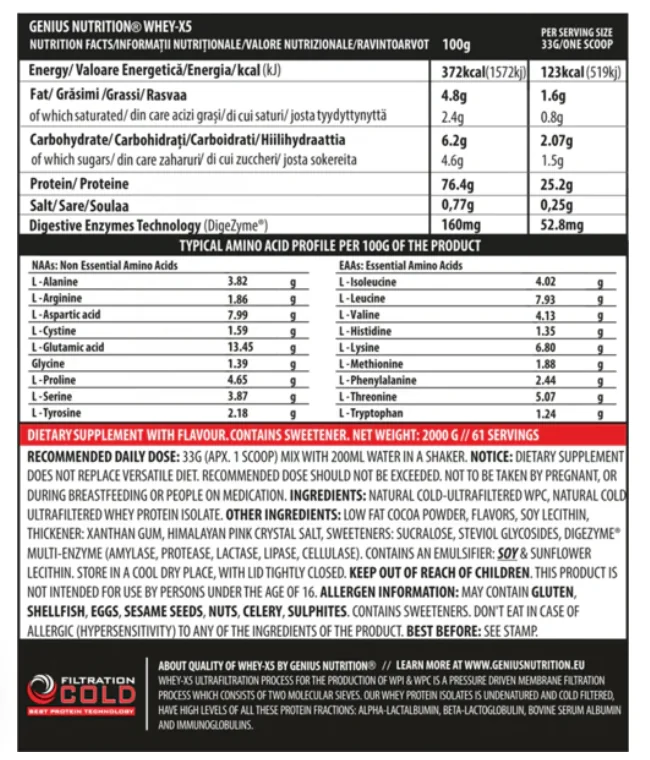 Pudra proteica cu aroma de ciocolata cu alune Whey-X5, 2000g, Genius Nutrition