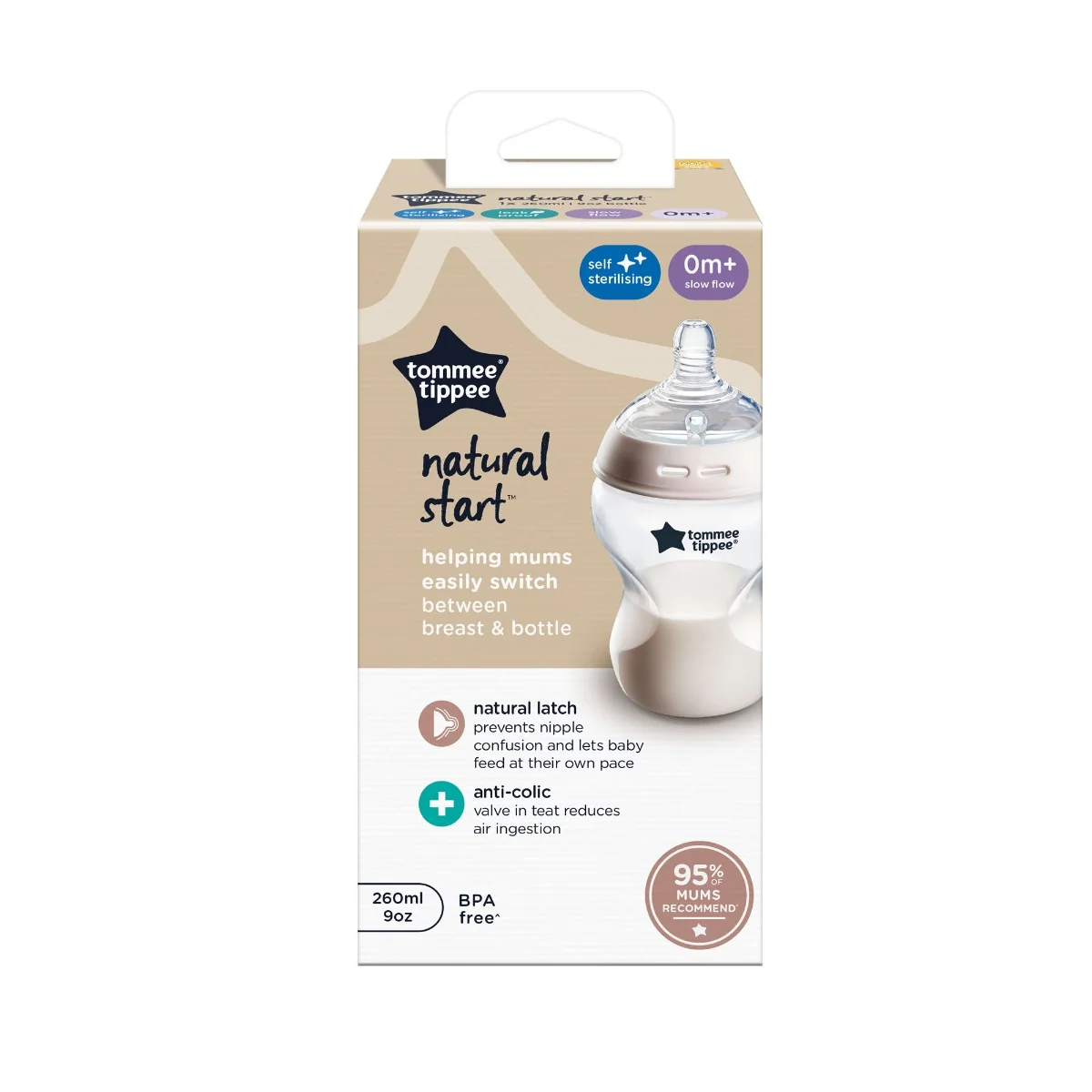 Biberon Natural Start cu autosterilizare PP pentru 0 luni +, 260ml, Tommee Tippee