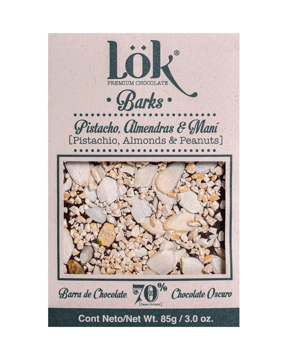 Dark Chocolate 70% cacao cu arahide, migdale si fistic, 85g, LOK