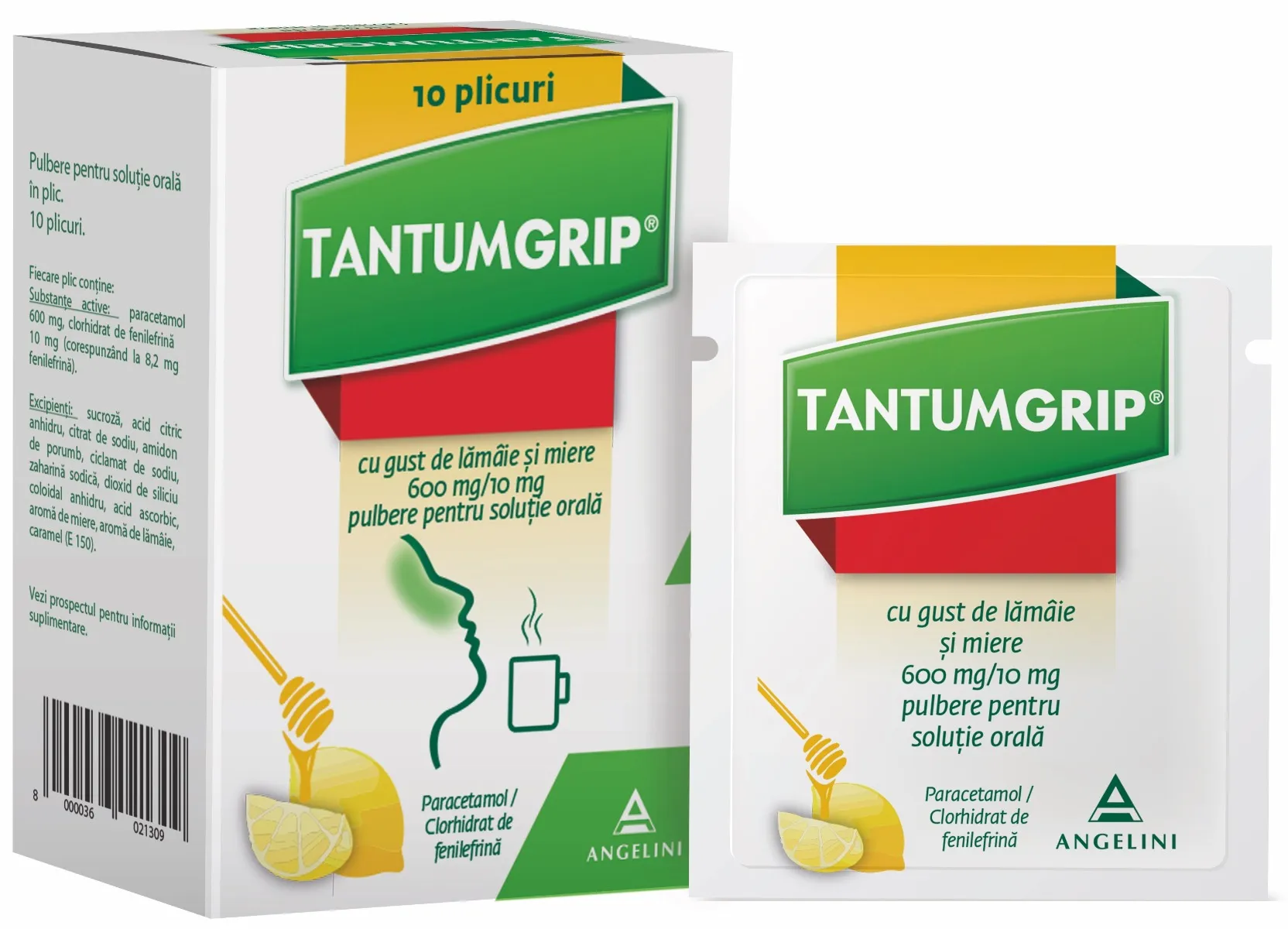 TantumGrip cu gust de lamaie si miere 600 mg/10 mg, 10 plicuri, Angelini 
