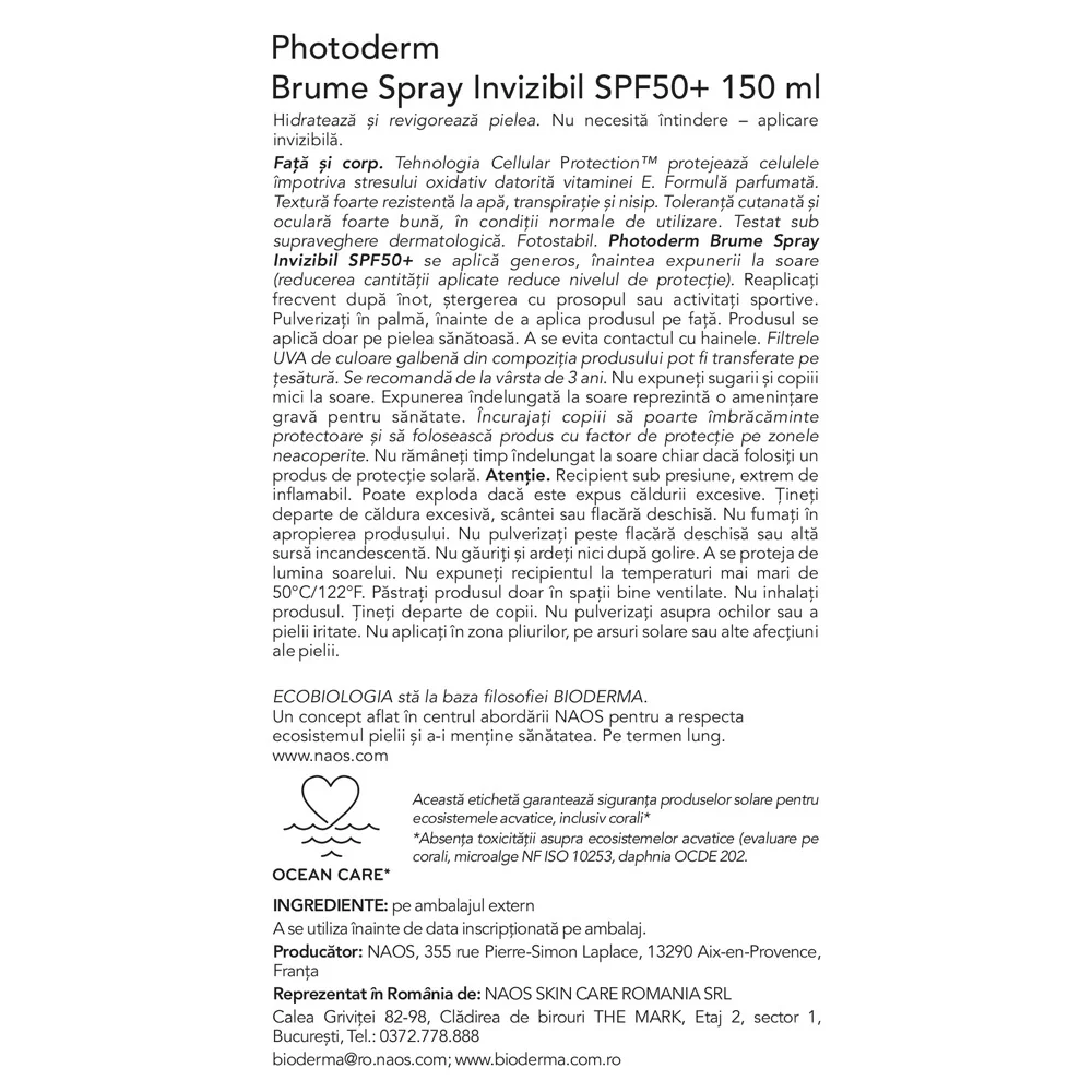 Spray invizibil cu SPF50+ Photoderm Brume, 150ml, Bioderma