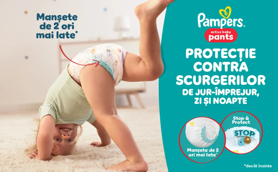 Pampers Active Baby Pants, scutece tip chilotel cu protectie impotriva scurgerilor zi si noapte si mansete mai late pentru siguranta.