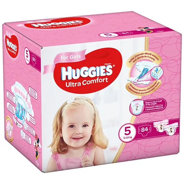 Scutece ultra comfort 5 pentru fetite 12-22 kg, 84 bucati, Huggies