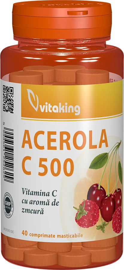 Vitamina C 500mg cu acerola si gust de zmeura, 40 comprimate masticabile, Vitaking