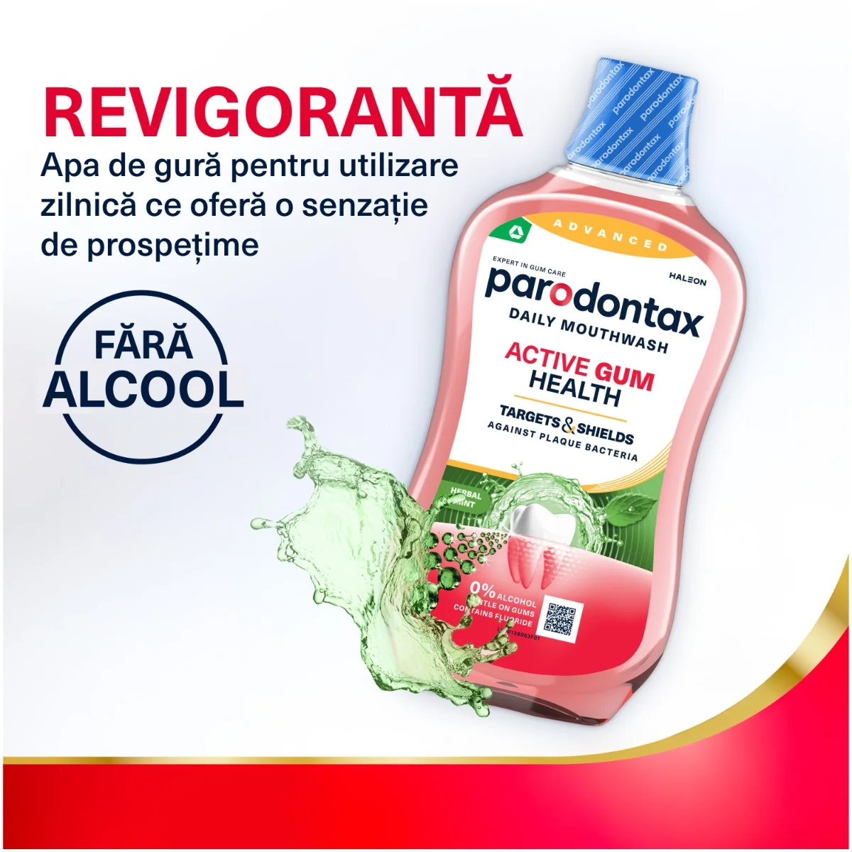 Apa de gura fara alcool Active Gum Health Herbal Mint, 500ml, Parodontax