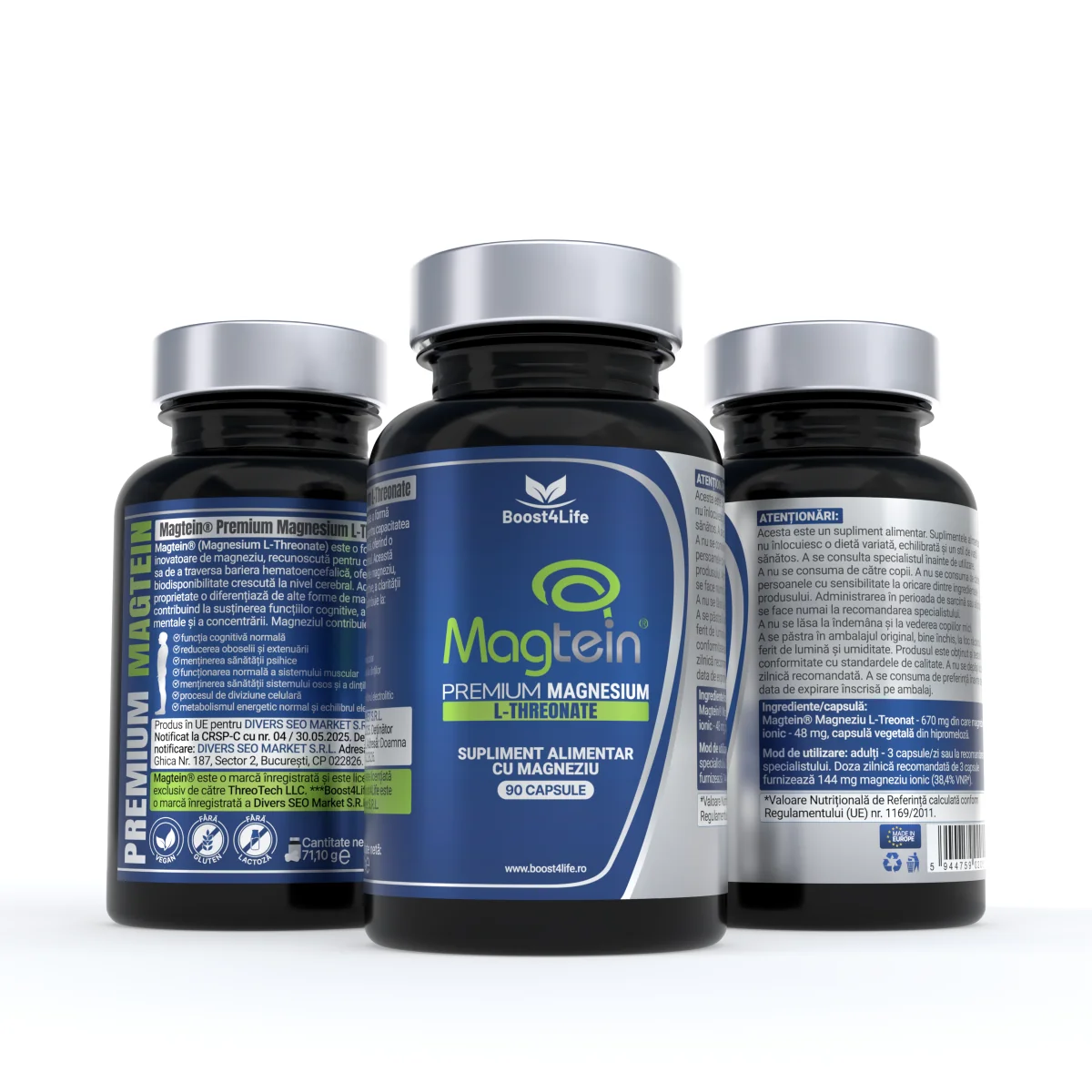 Magtein Magneziu L-Treonat Premium 670 mg, 90 capsule vegane, Boost4Life
