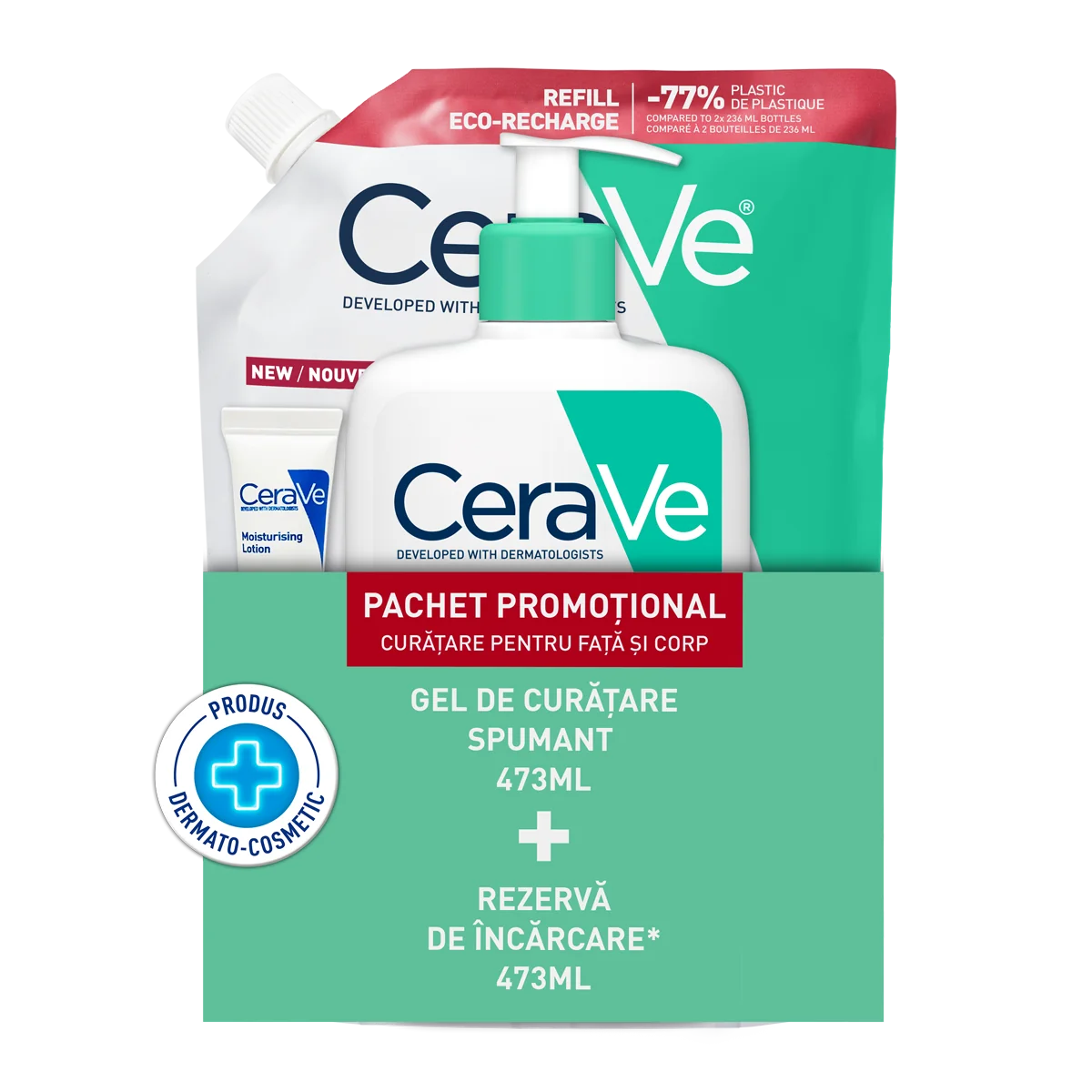 Pachet Gel spumant de curatare 473ml + Refill Gel spumant de curatare 473ml + Lotiune hidratanta 5ml, CeraVe