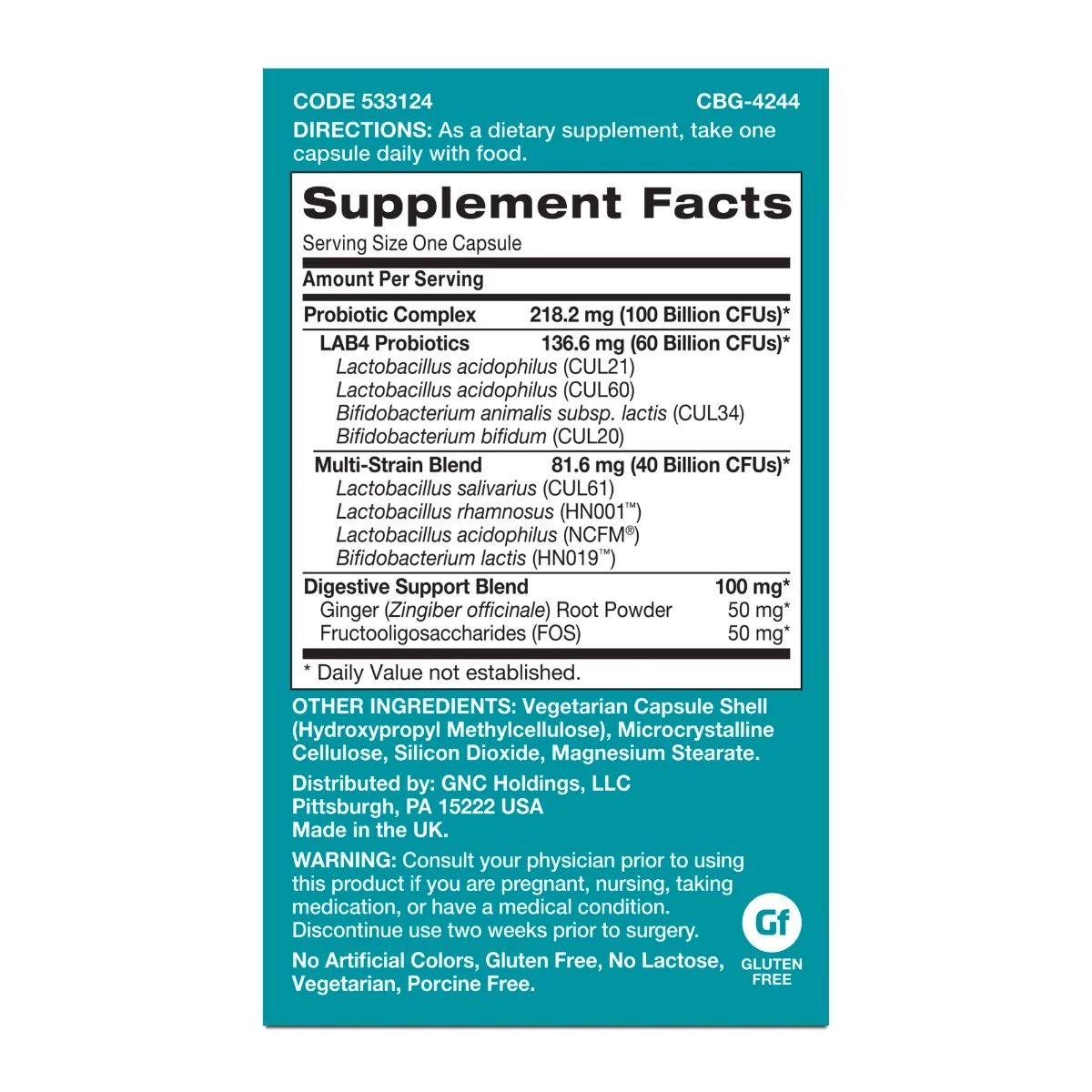 Probiotic Complex Extra Strenght 100 miliarde de culturi vii, 20 capsule, GNC