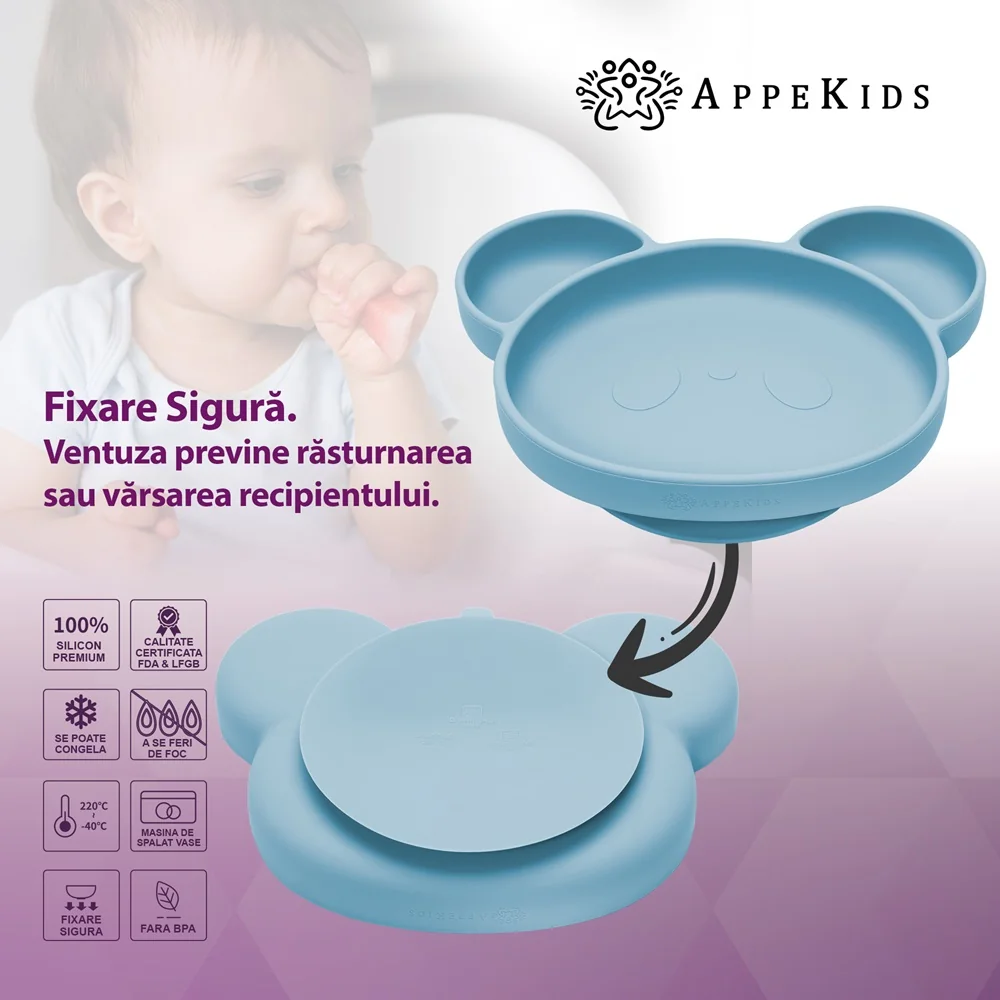 Farfurie din silicon cu ventuza Panda Aqua Blue 6 luni+, 1 bucata, Appekids