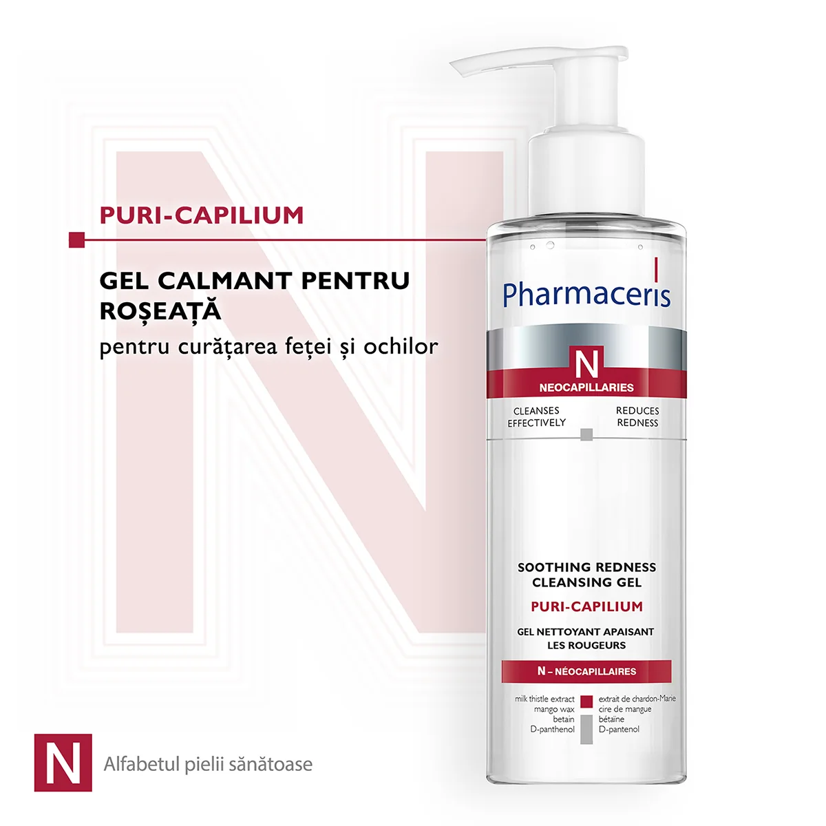 Gel de spalare de fata anti-roseata Puri-Capilium, 190ml, Pharmaceris