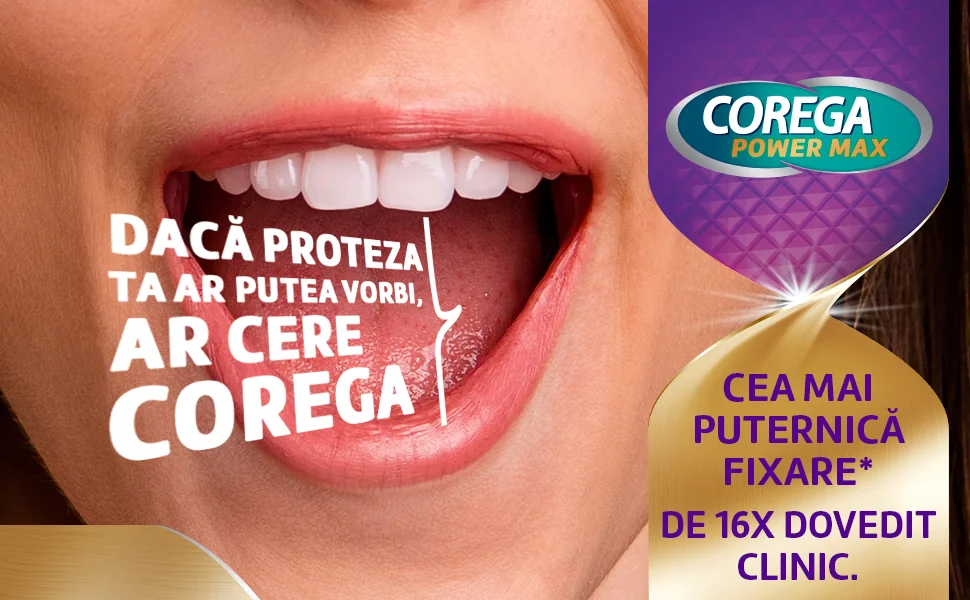 Reclama Corega Power Max cu o femeie care zambeste si textul: Daca proteza ta ar putea vorbi, ar cere Corega Reclama Corega Power Max cu o femeie care zambeste si textul: Daca proteza ta ar putea vorbi, ar cere Corega