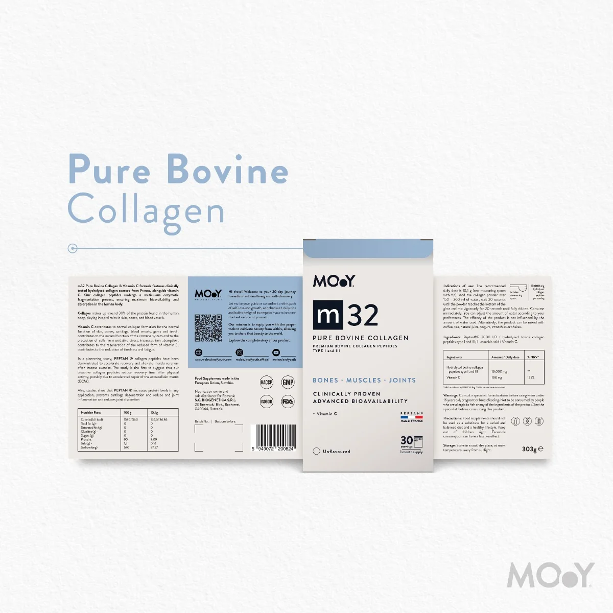 Colagen bovin pur cu vitamina C M32, 303g, Molecules of Youth