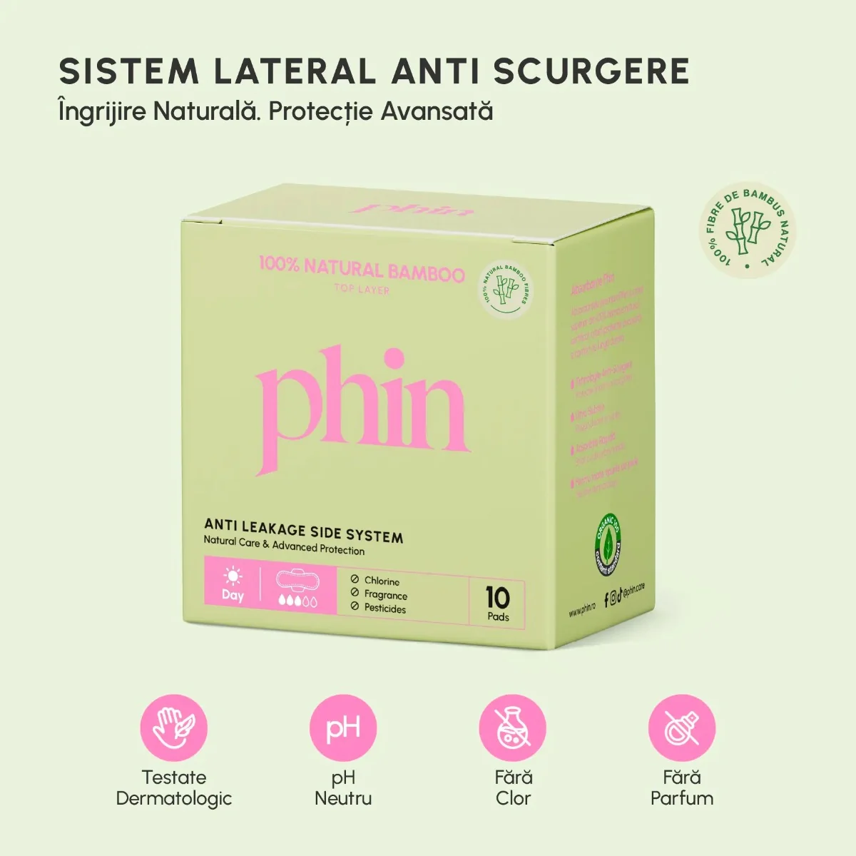 Absorbante pentru zi din bambus natural, 10 bucati, Phin 