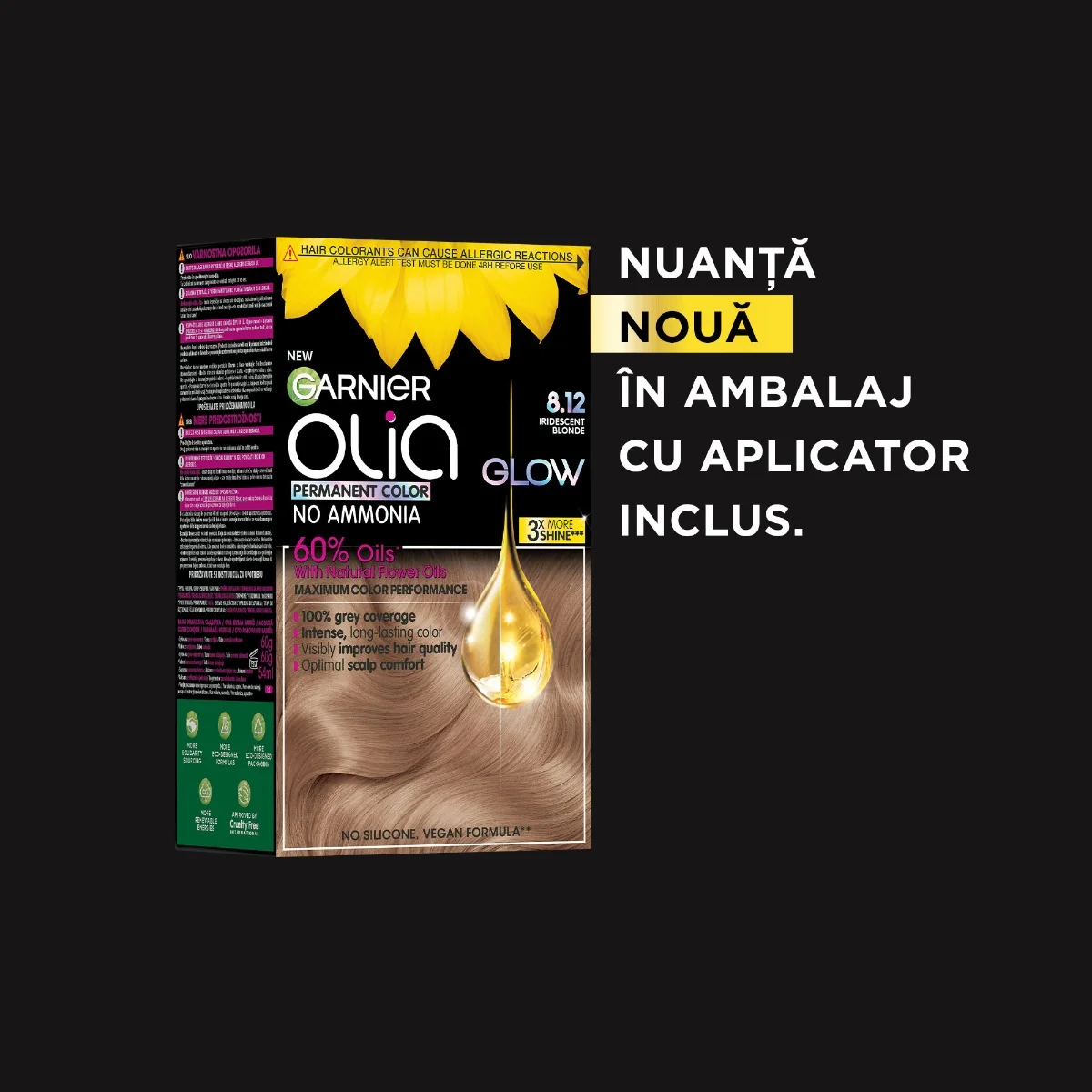 Vopsea de par permanenta fara amoniac 8.12 Iridescent Blonde Olia, 174ml, Garnier