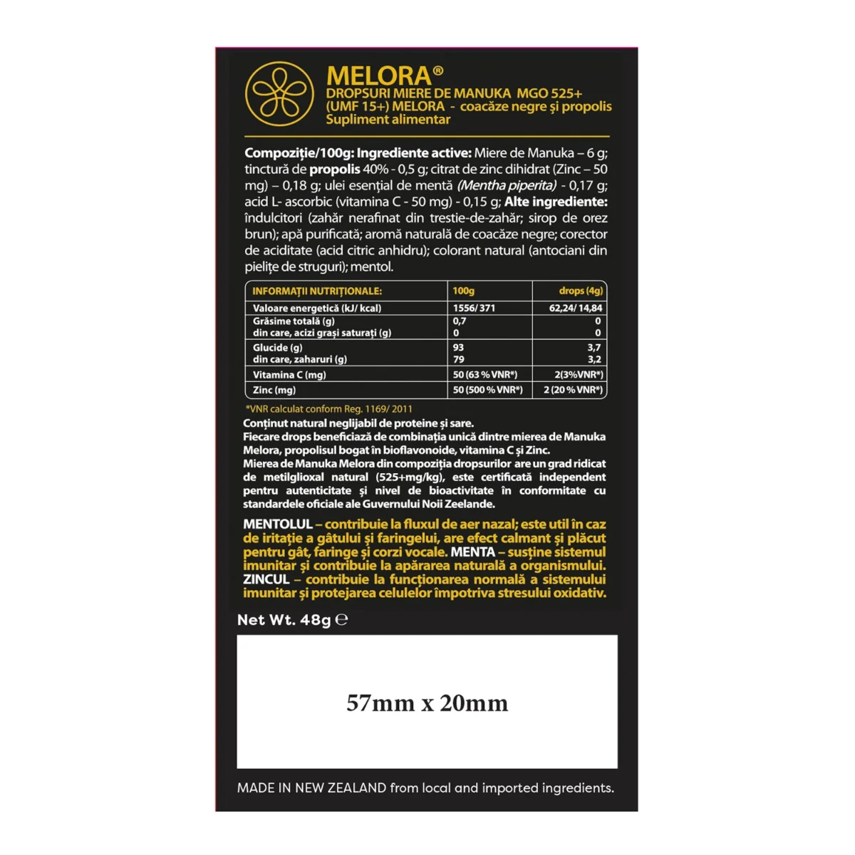 Dropsuri din miere de manuka cu coacaze negre si propolis, 12 bucati, Melora