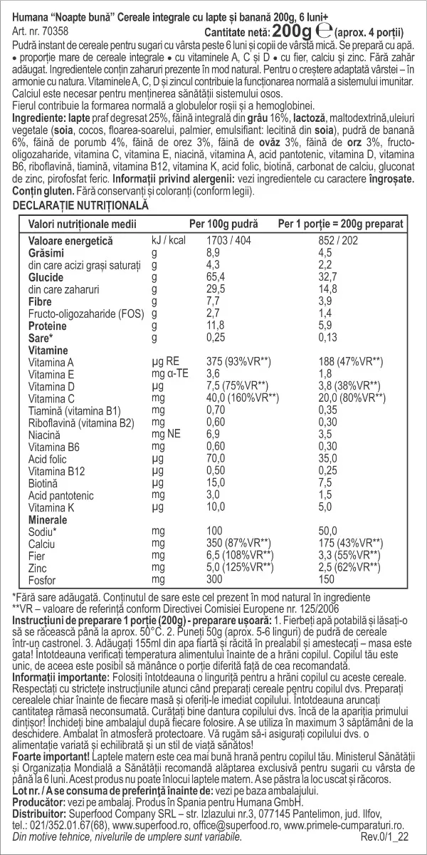 Cereale cu lapte si banana Noapte Buna de la 6 luni, 200g, Humana 