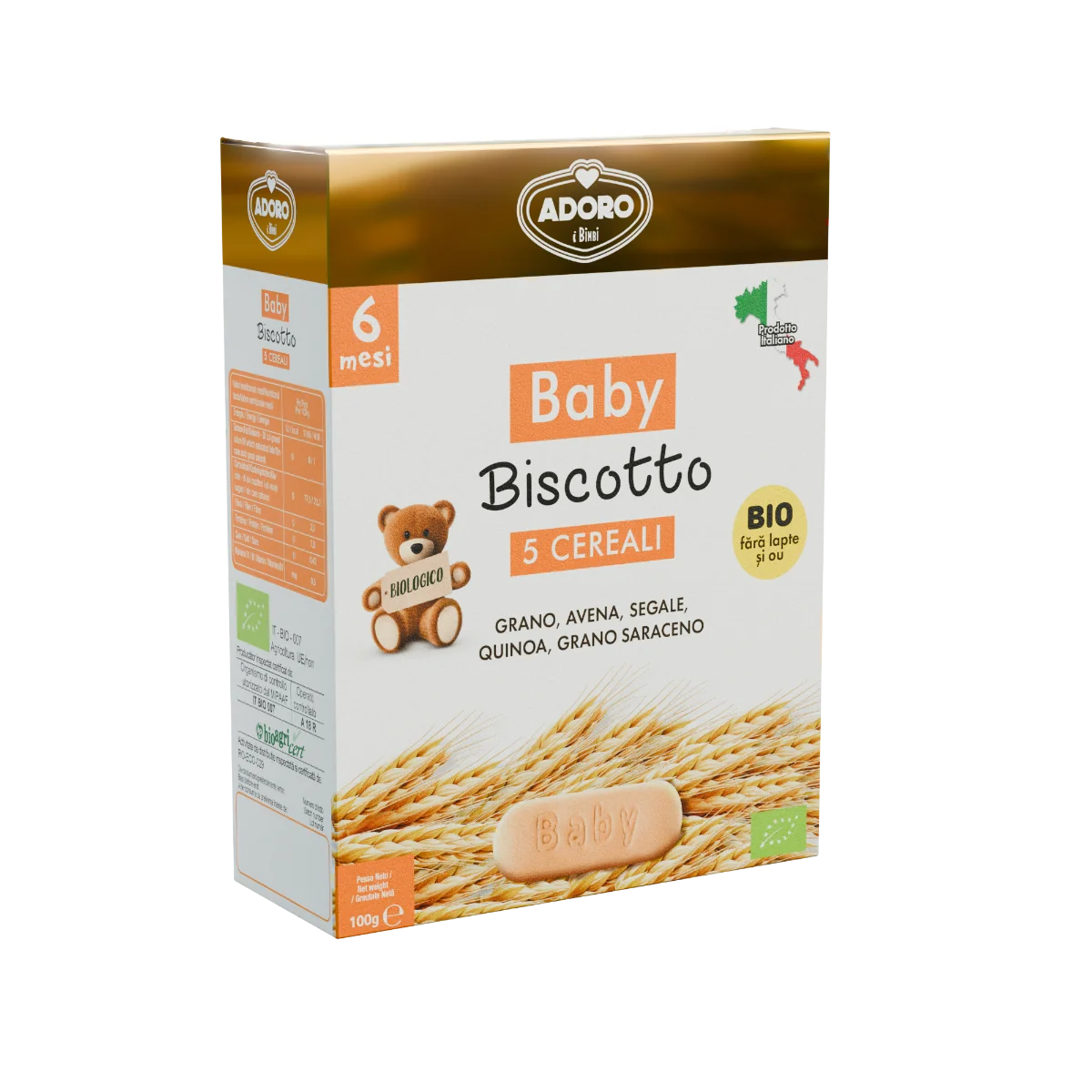 Biscuiti pentru bebelusi Bio 5 Cereale, 100g, Adoro Bimbi
