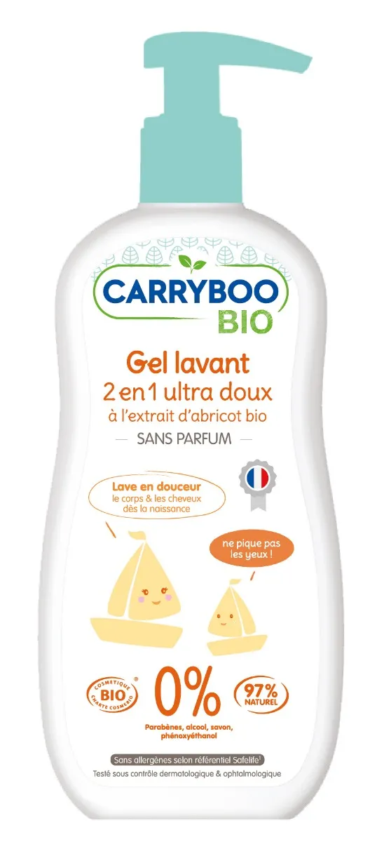 Sampon si gel dus delicat pentru beleusi, fara parfum, cu extract de caise BIO, 500ml, Carryboo