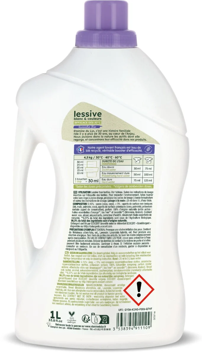 Detergent bio pentru rufe albe si colorate cu parfum de lavanda, 1000ml, Etamine