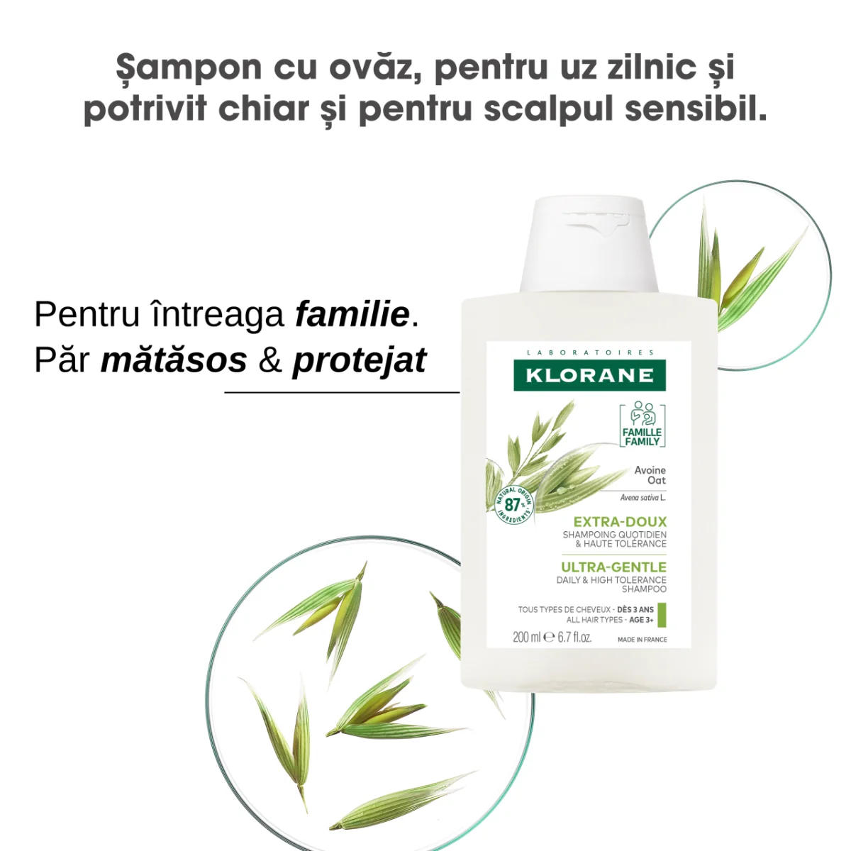 Sampon cu lapte de ovaz pentru utilizare frecventa, 200 ml, Klorane