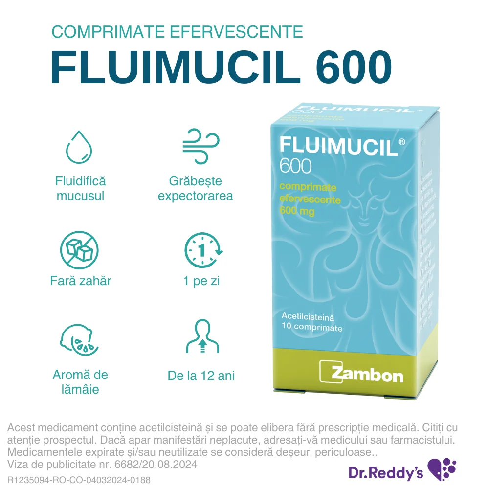 Fluimucil 600 mg, 10 comprimate efervescente, Dr. Reddys