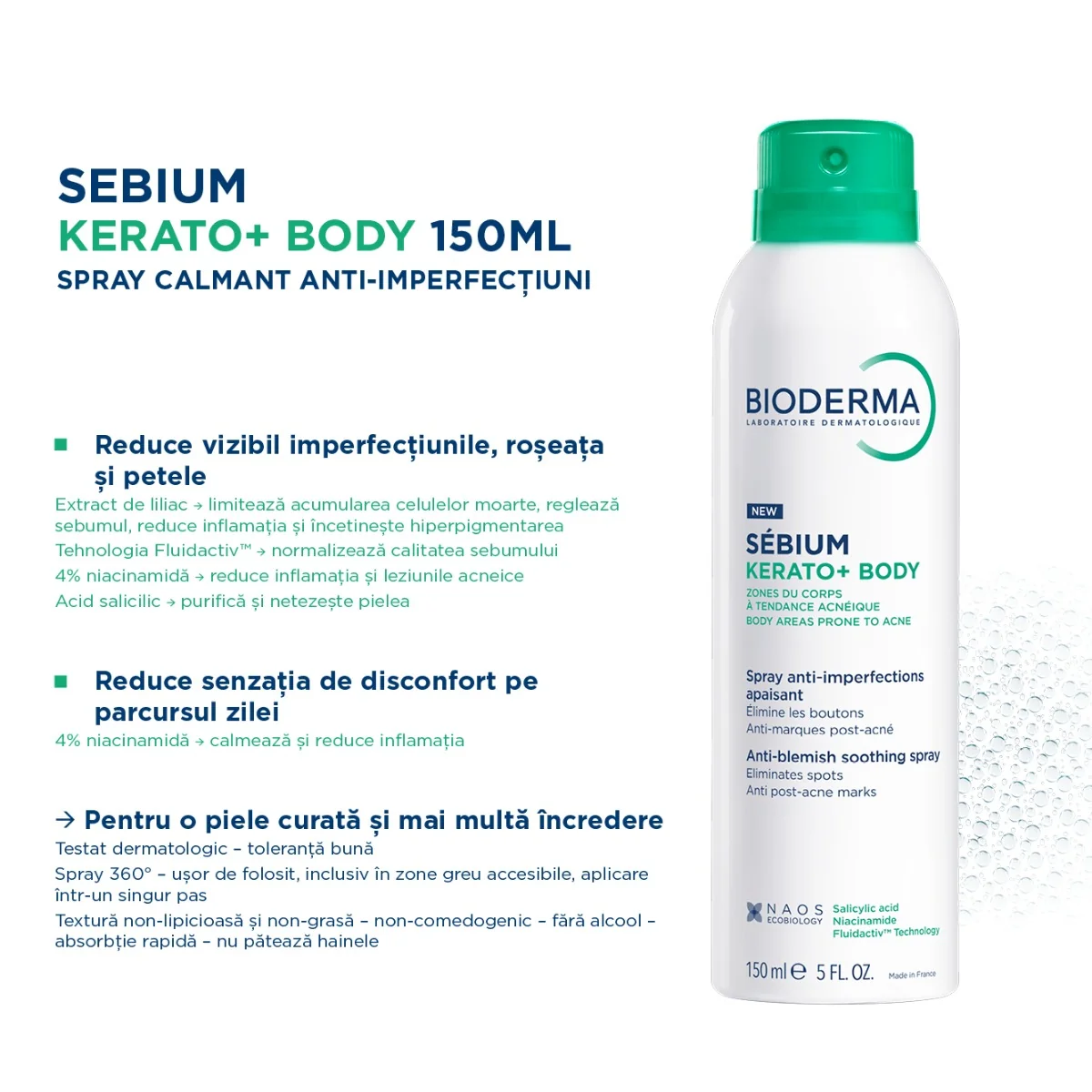 Spray de corp calmant anti-imperfectiuni Kerato+ Sebium, 150ml, Bioderma