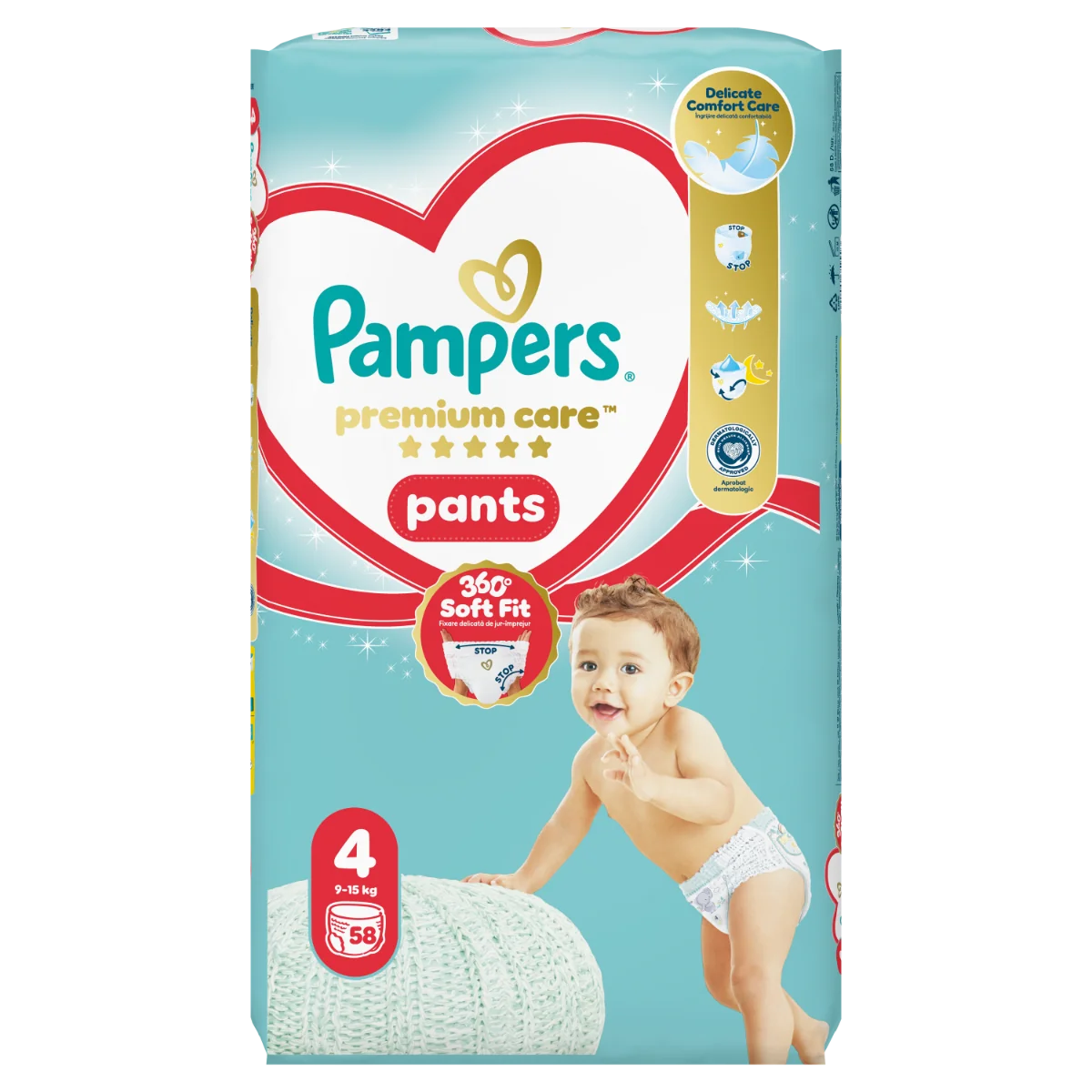Scutece-Chilotel Premium Care Marimea 4 9kg-15kg, 58 buc, Pampers