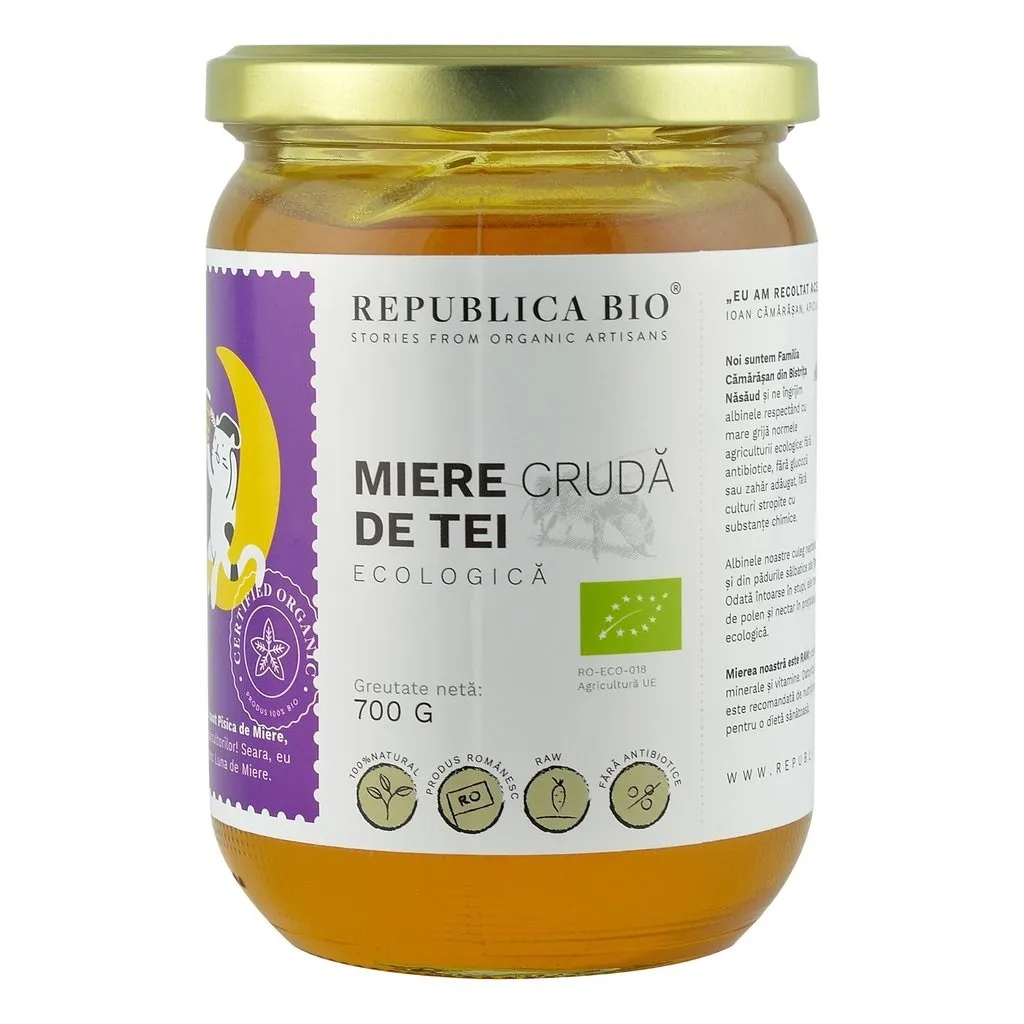 Miere de tei ecologica cruda, 700g, Republica Bio 