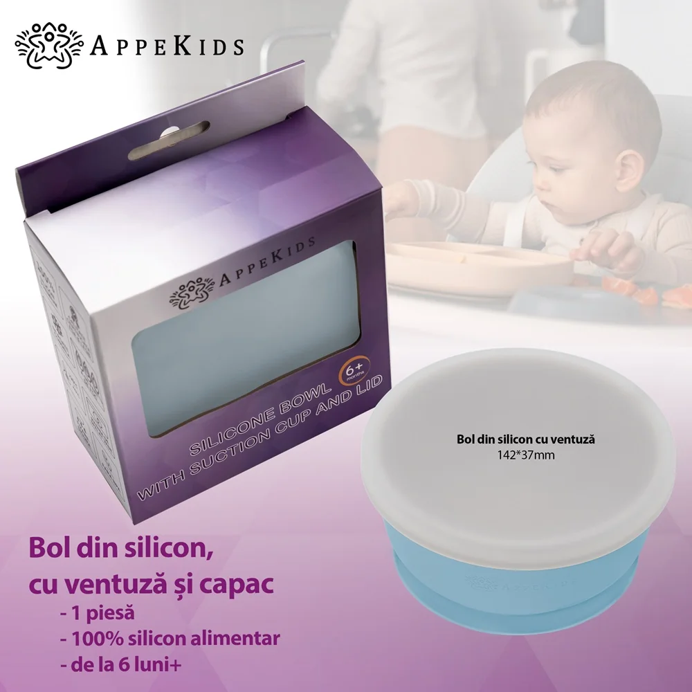 Bol din silicon cu ventuza si capac Aqua Blue 6 luni+, 1 bucata, Appekids