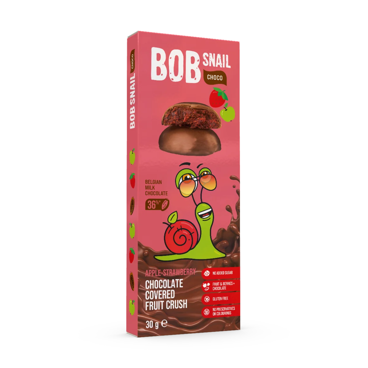Snack fructat din mere si capsuni in ciocolata cu lapte, 30g, Bob Snail